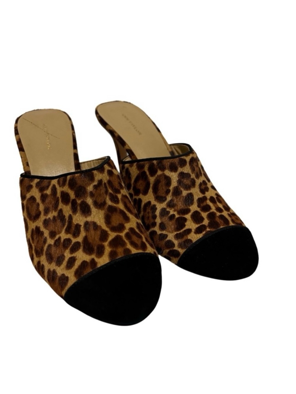 Ann Taylor Calf Hair Leopard Print Slip-On Mules with Black Cap Toe - 7.5